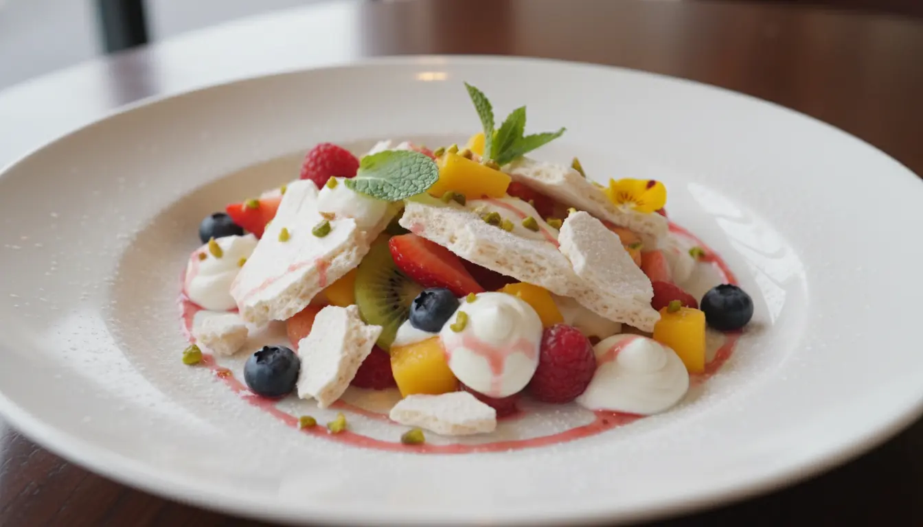 Une pavlova déstructurée avec des fruits frais et du yaourt grec, présentation gastronomique.