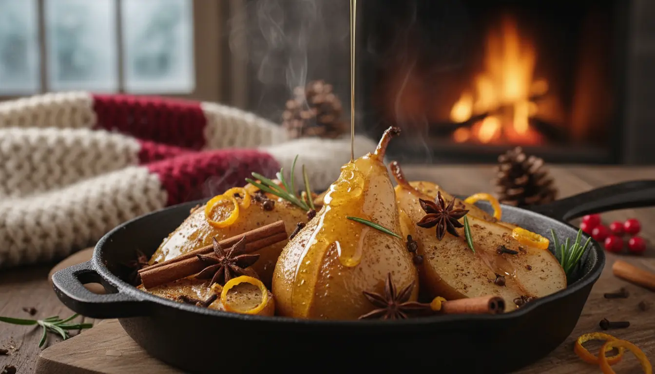 Des poires rôties au four avec des épices et un filet de miel, ambiance hivernale.