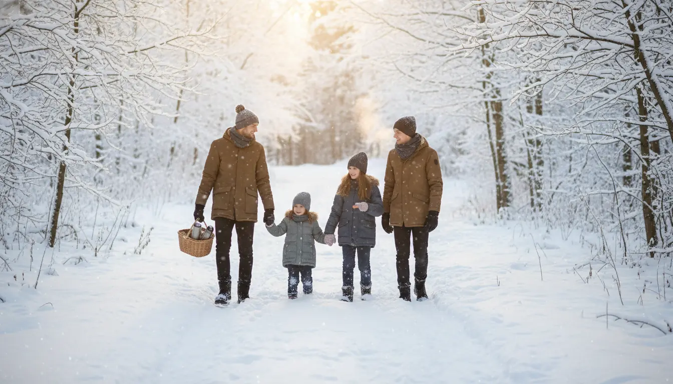 Une famille se promenant en forêt ou dans un parc enneigé après un repas, illustrant l'activité phys