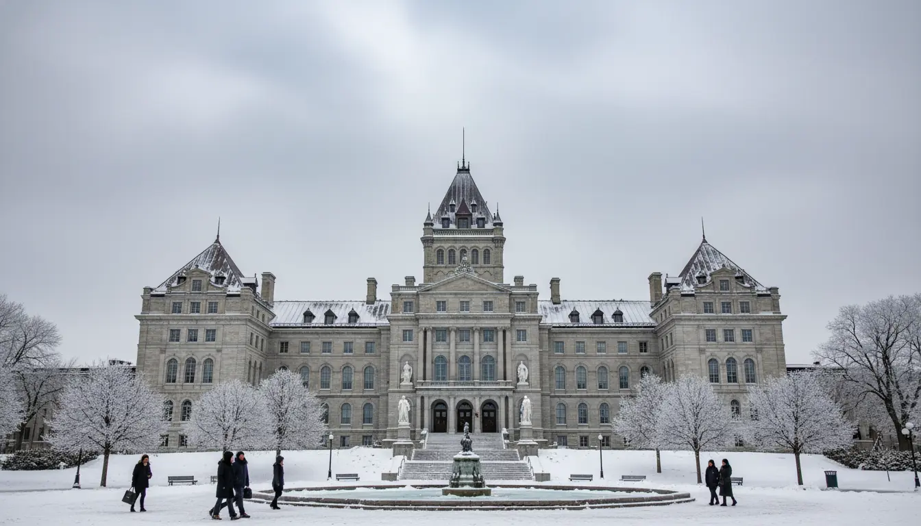 Vue extérieure du Parlement de Québec (Assemblée nationale) sous un ciel gris d'hiver.