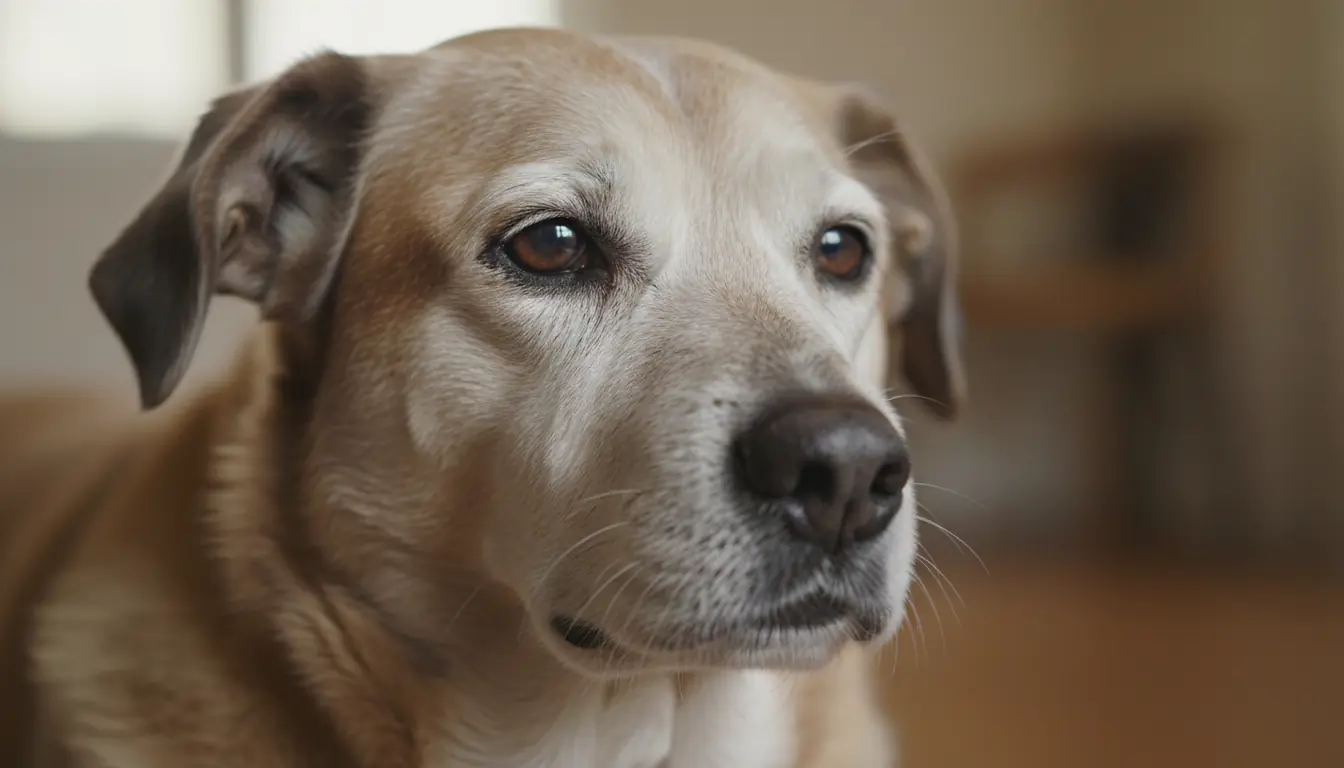 Gros plan sur le visage d'un vieux chien au museau grisonnant et aux yeux légèrement voilés (catarac