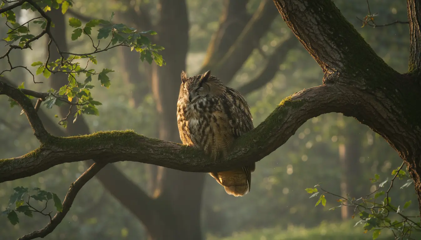 Un grand-duc ou une chouette dormant paisiblement sur une branche, symbolisant le ralentissement de 