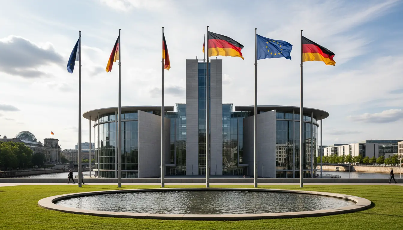 Vue extérieure de la Chancellerie allemande (Bundeskanzleramt) à Berlin avec des drapeaux allemands 