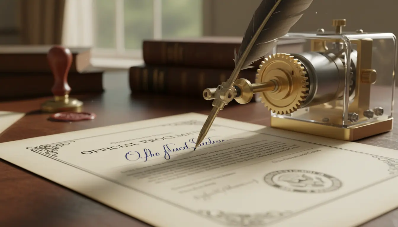 Gros plan sur une machine autopen signant un document officiel