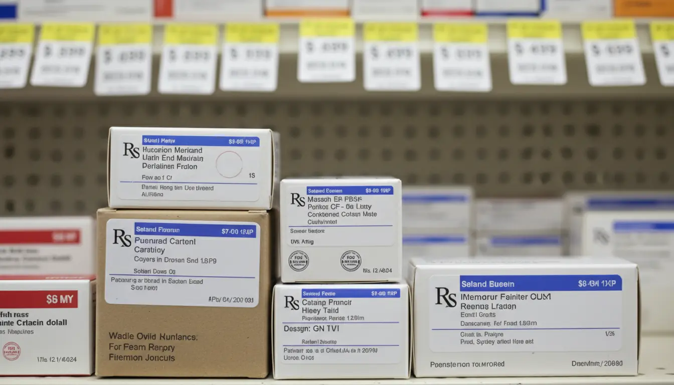 Gros plan sur des boîtes de médicaments sur ordonnance avec des étiquettes de prix en dollars floues